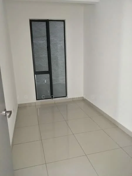 Room features: white painted walls, glossy ceramic tile flooring, floor-to-ceiling window, black framed window, single door, neutral color scheme; style: modern.