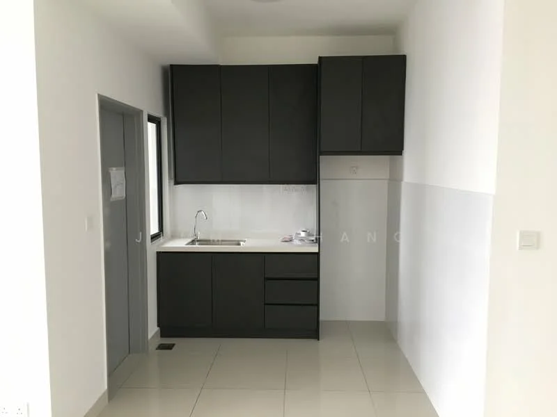 Kitchen features: dark cabinetry, single-bowl stainless-steel sink, chrome pull-down faucet, white tiled backsplash, grey countertop, built-in cabinets, drawer storage, ceramic tile flooring, recessed downlights; style: modern.