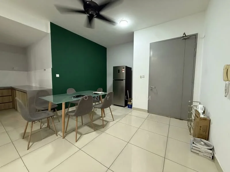 Dining features: glass dining table, 4 grey upholstered dining chairs, green accent wall, white walls, tile flooring, ceiling fan, refrigerator, door with handle, intercom panel, wall-mounted phone, storage box, paperwork on floor; style: modern.