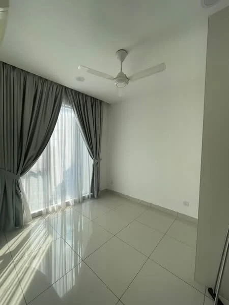 Room features: white painted walls, floor-to-ceiling windows, sheer curtains, 5-blade ceiling fan, glossy ceramic tile flooring, natural light from window, neutral color scheme, minimalist decor; style: modern; view: city.