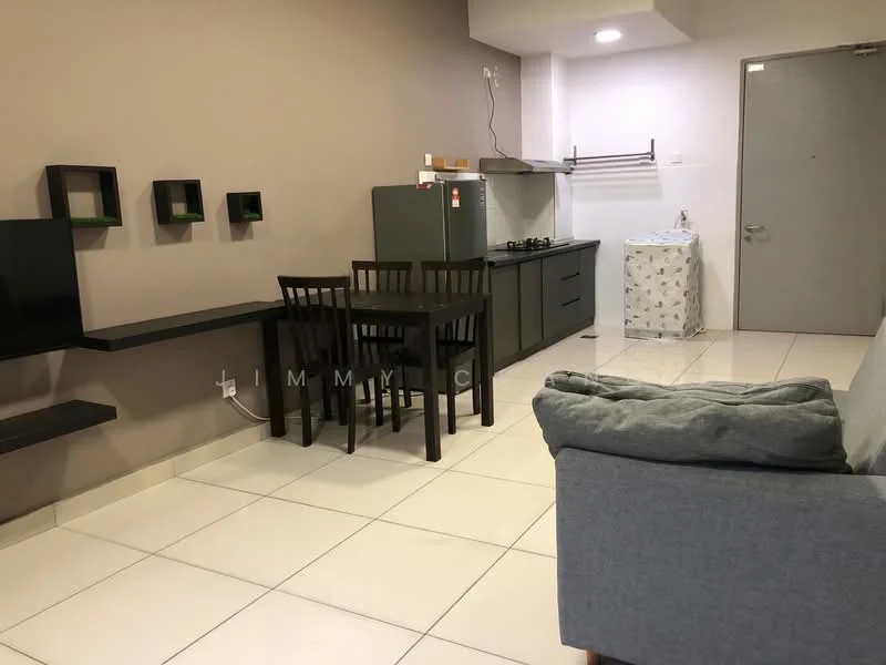 Living features: grey fabric sofa, black dining table with 4 chairs, white tiled flooring, light grey painted walls, built-in kitchen cabinetry, stainless-steel fridge, gas stove with 2 burners, wall-mounted shelf, laundry basket, recessed ceiling lights; style: modern.