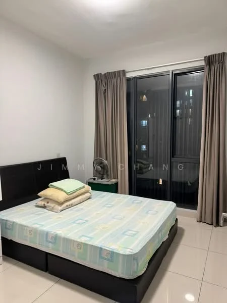 Bedroom features: queen-size bed, upholstered headboard, two decorative pillows, light blue and green patterned bedspread, cream curtains, floor-to-ceiling windows, white painted walls, glossy tile flooring, nightstand, table lamp; style: modern.