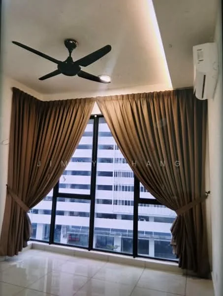 Room features: floor-to-ceiling windows, brown curtains, 5-blade ceiling fan, white painted walls, glossy tile flooring, wall-mounted split AC, recessed lighting, neutral color palette; style: modern; view: city.