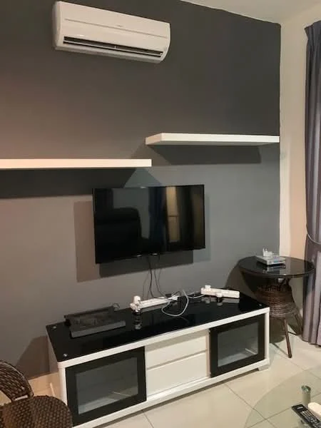 Living features: grey accent wall, white shelving units, black and white TV console, wall-mounted TV, floor tiles, 1 wall-mounted split AC, round glass side table, woven chairs, curtains, cable management system; style: modern.