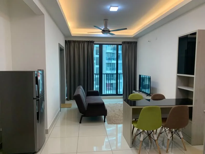 Living features: 3-seater fabric sofa in brown, coffee table, TV console, wall-mounted TV, floor-to-ceiling windows, sliding glass door, grey curtains, recessed LED downlights, ceiling fan with light, cream painted walls, tile flooring, area rug; style: modern; view: city. Dining features: 4-seater dining table, green upholstered dining chairs, wooden dining table, decorative wall shelf; style: modern. Kitchen features: stainless-steel fridge, open shelving, kitchen cabinetry, tile backsplash; style: modern.
