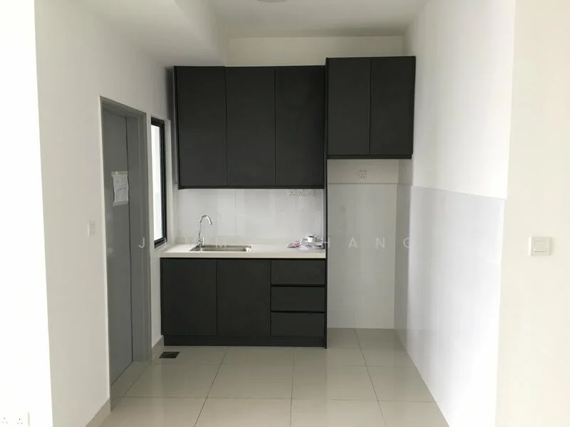 Kitchen features: black cabinetry, single-bowl stainless-steel sink, chrome pull-down faucet, white tiled backsplash, white walls, grey floor tiles, built-in oven, countertop with storage drawers; style: modern.