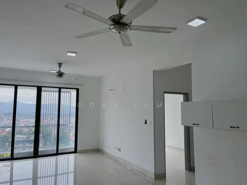 Living features: white painted walls, glossy tile flooring, 5-blade ceiling fan with light, floor-to-ceiling windows, sliding glass door, mountain view, recessed LED downlights, built-in cabinets; style: modern; view: mountain.