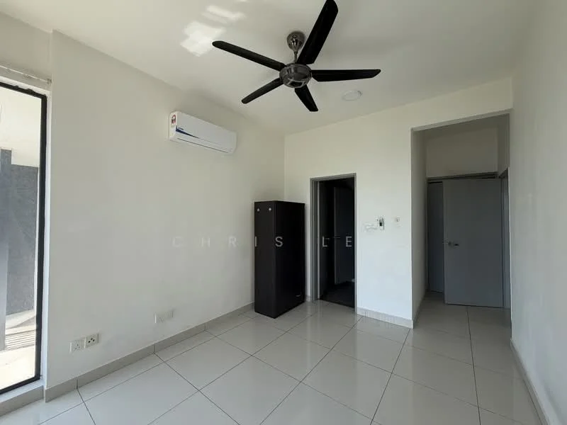 Room features: white painted walls, glossy tile flooring, 5-blade ceiling fan, wall-mounted split AC, black wooden cabinet, doorway leading to another room, doorway leading to hallway, large window with natural light; style: modern.