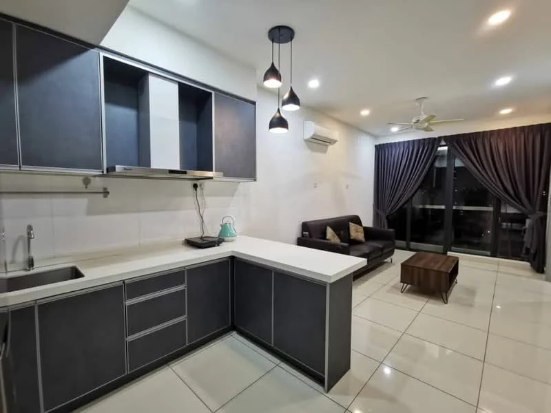 Kitchen features: grey cabinetry, white countertop, single-bowl stainless-steel sink, chrome pull-down faucet, built-in stove, tile backsplash, recessed downlights; style: modern. Living features: 3-seater fabric sofa in dark brown, coffee table, ceiling fan, floor-to-ceiling windows, curtains in dark grey, wall-mounted air conditioning unit, tile flooring, decorative cushions; style: modern.