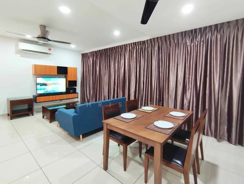 Living features: 3-seater fabric sofa in blue, wooden dining table for 4, 4 wooden dining chairs, wall-mounted TV, TV console with storage, ceiling fan, recessed downlights, cream tiled flooring, floor-to-ceiling curtains in brown, air conditioning unit on wall; style: modern.