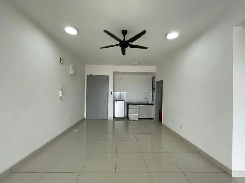 Living features: white painted walls, glossy ceramic tile flooring, 5-blade ceiling fan with light, recessed LED downlights, floor-to-ceiling windows, open kitchen layout, kitchen cabinetry with countertop, stainless-steel fridge; style: modern.