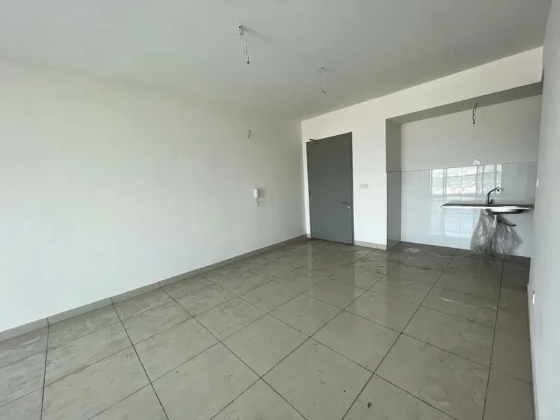 Room features: white painted walls, grey tiled flooring, single-bowl stainless-steel sink, wall-mounted faucet, open layout, no visible appliances, two ceiling light fixtures, large window with natural light; style: minimalist.