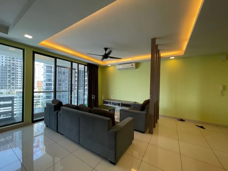 Living features: grey fabric sofa, coffee table, TV console, wall-mounted TV, 5-blade ceiling fan with light, recessed LED downlights, floor-to-ceiling windows, sliding glass door, cream painted walls, white tiled flooring, air conditioning unit; style: modern; view: city.