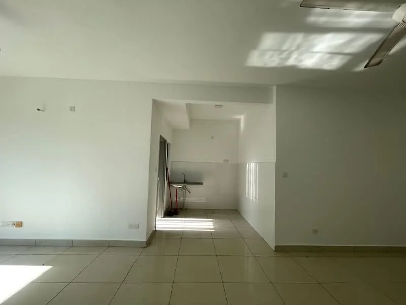 Room features: white painted walls, tile flooring, ceiling fan, large windows, natural light, open layout, kitchen area visible, no visible furniture; style: modern.