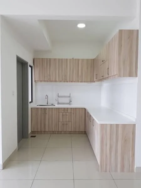 Kitchen features: laminate cabinetry in light wood finish, white countertop, single-bowl stainless-steel sink, chrome pull-down faucet, ceramic tile flooring, white tiled backsplash, built-in oven, recessed downlights, floor-to-ceiling window, open shelving, kitchen island, drawer storage; style: modern.