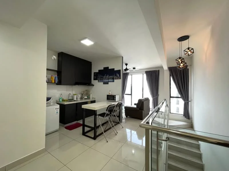 Kitchen features: white painted walls, glossy tile flooring, black cabinetry, stainless-steel fridge, microwave, kitchen island with seating, sink, chrome faucet, recessed ceiling lights; style: modern. Living features: grey fabric sofa, coffee table, floor-to-ceiling windows, curtains, pendant lighting, decorative wall art; style: modern.