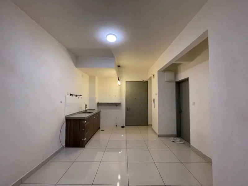 Room features: white painted walls, grey tiled flooring, single-bowl stainless-steel sink, wood cabinetry, countertop, recessed ceiling light, door to hallway, wall-mounted faucet, open layout, visible plumbing, no visible appliances, neutral decor; style: modern.
