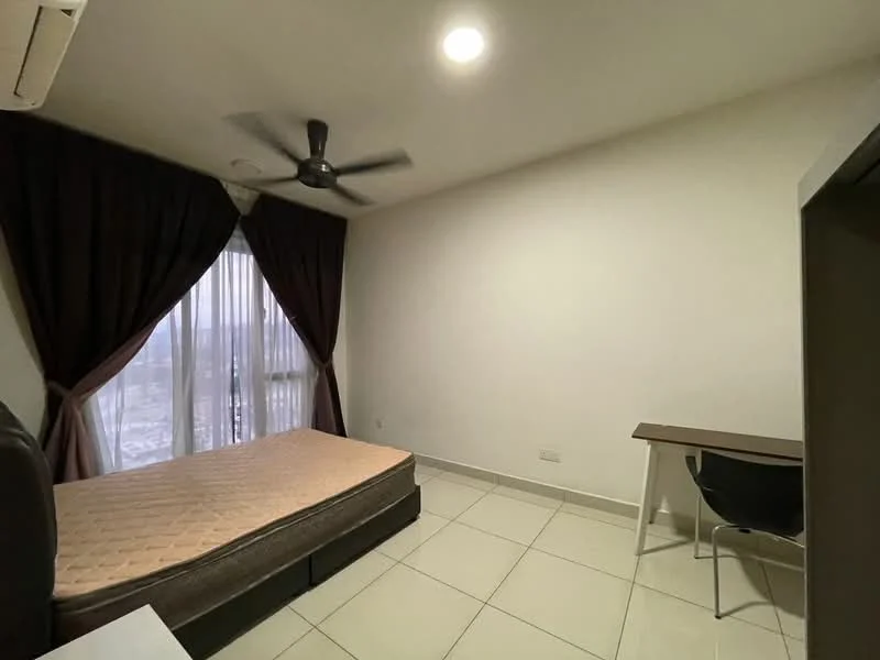 Bedroom features: queen-size bed base without mattress, floor-to-ceiling windows, sheer curtains, dark brown curtains, 5-blade ceiling fan, white painted walls, tile flooring, study desk, black chair, air conditioning unit; style: modern; view: city.