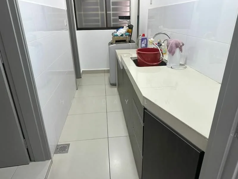 Laundry features: white tiled walls, light grey cabinetry, white countertop, single-bowl stainless-steel sink, chrome pull-down faucet, washing machine, floor tiles, drainage grate, window for natural light; style: modern.