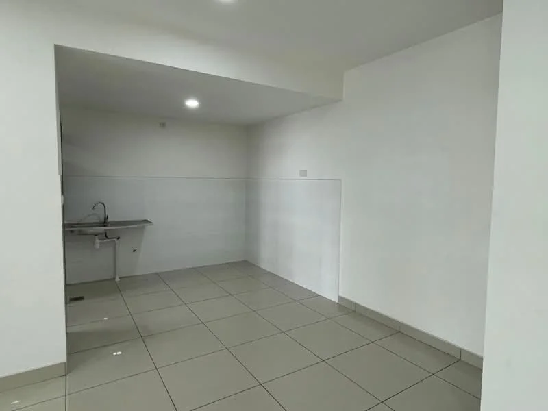 Kitchen features: white painted walls, grey tiled flooring, single-bowl stainless-steel sink, chrome pull-down faucet, wall-mounted cabinetry, countertop with backsplash, recessed downlights, open layout; style: modern.