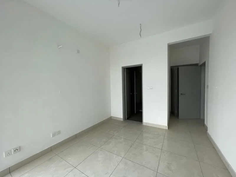 Room features: white painted walls, tile flooring, doorway leading to another room, doorway leading to hallway, ceiling with exposed wiring, neutral color scheme; style: modern.
