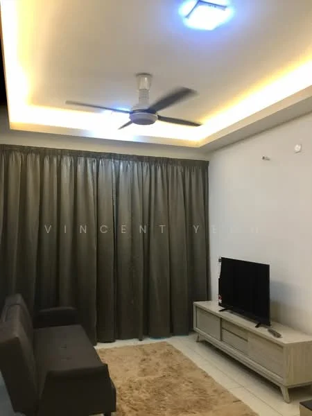 Living features: 3-seater fabric sofa in grey, TV console, wall-mounted TV, area rug with neutral color, curtains in olive green, ceiling fan with light, recessed ceiling lights, cream painted walls, tile flooring; style: modern.