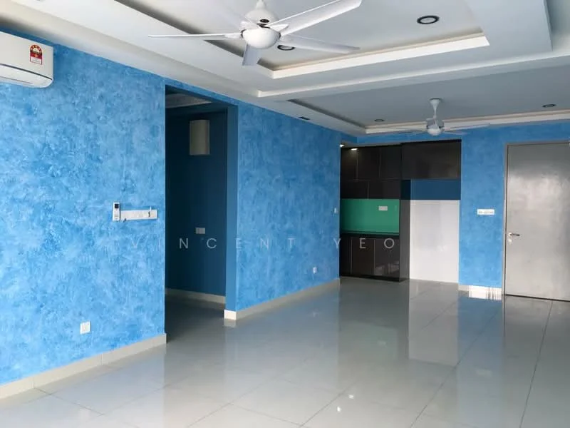 Living features: blue textured walls, white ceiling with recessed lighting, 5-blade ceiling fan, glossy white tile flooring, air conditioning unit on wall, open layout to kitchen, sliding door to hallway, built-in cabinetry in kitchen area; style: modern.