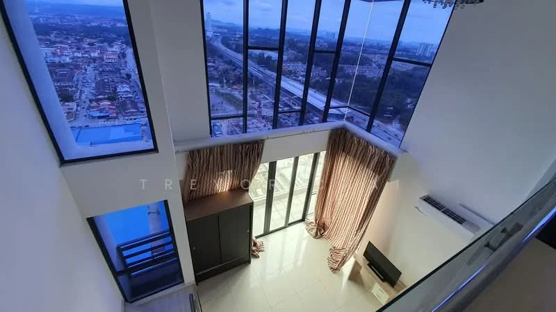 Living features: floor-to-ceiling windows, curtains, wall-mounted TV, air conditioning unit, light-colored walls, tile flooring, sofa, coffee table, decorative wall, city view; style: modern; view: city.