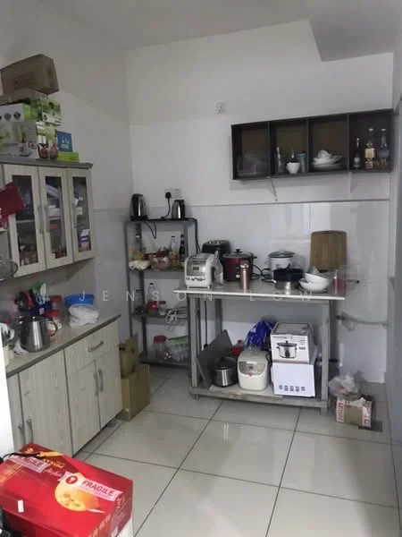 Kitchen features: white painted walls, glossy tile flooring, stainless-steel countertop, wood cabinetry, open shelving, various kitchen appliances, multiple cooking pots, kettle, rice cooker, blender, microwave, dish rack, storage containers; style: modern.