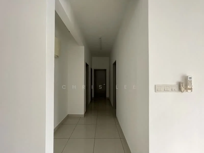 Hallway features: white painted walls, tile flooring, ceiling light fixture, intercom system, doorways leading to other rooms; style: modern.