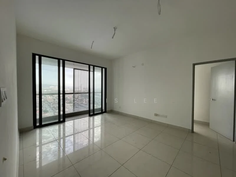 Room features: white painted walls, glossy tile flooring, floor-to-ceiling windows, city view, recessed ceiling lights, single door, open space layout; style: modern; view: city.