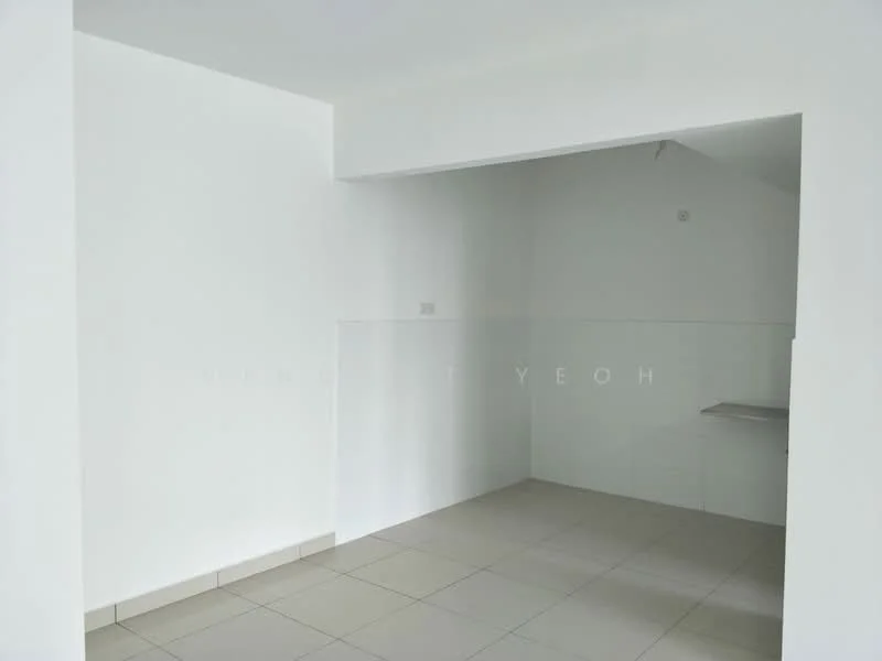 Room features: white painted walls, tile flooring, corner with countertop, no visible appliances, no visible furniture, neutral color scheme, high ceiling, natural light from window; style: minimalist.