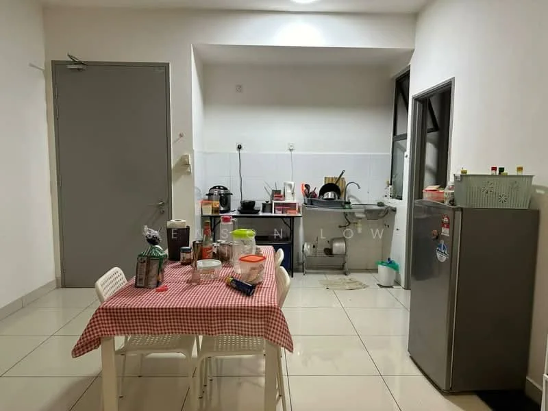 Kitchen features: white painted walls, glossy tile flooring, ceiling lights, stainless-steel fridge, built-in kitchen cabinets, countertop with sink, gas stove, kettle, microwave, dining table with checkered tablecloth, plastic dining chairs, window with view, trash bin; style: modern.