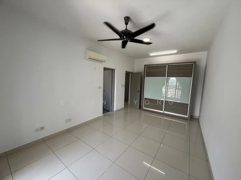 Living features: white painted walls, glossy ceramic tile flooring, 5-blade ceiling fan with light, wall-mounted air conditioning unit, floor-to-ceiling windows, sliding glass door, built-in wardrobe, recessed lighting; style: modern; view: city.