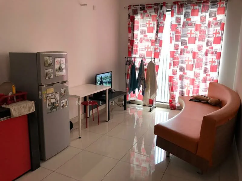 Living features: grey fridge, white dining table, red metal chairs, brown curved sofa, television on stand, floor-to-ceiling windows, red and white patterned curtains, glossy tile flooring, clothes rack with hanging clothes; style: modern.