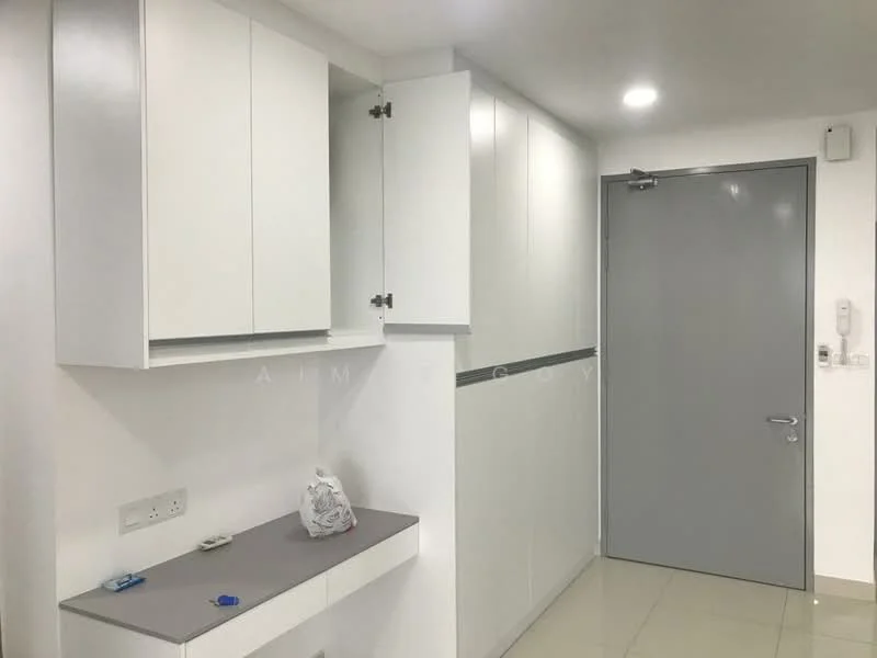 Room features: white cabinetry, grey countertop, grey door, white walls, glossy tile flooring, built-in storage cabinets, wall-mounted electrical outlets, doorbell, light switch; style: modern.