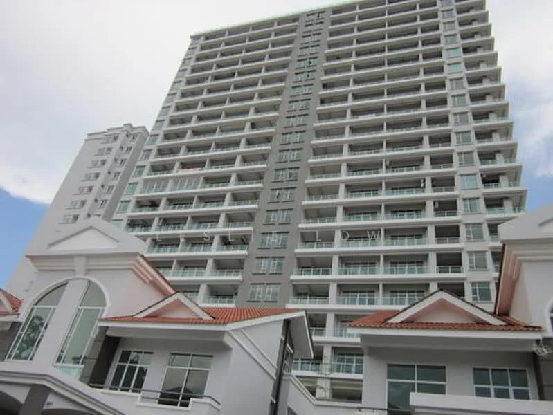 Exterior type: high-rise condominium; features: glass curtain wall, grey painted facade, white painted facade, recessed balconies, flat roof, approximately 15-storey high-rise, manicured lawn, surrounded by mature greenery; style: modern.