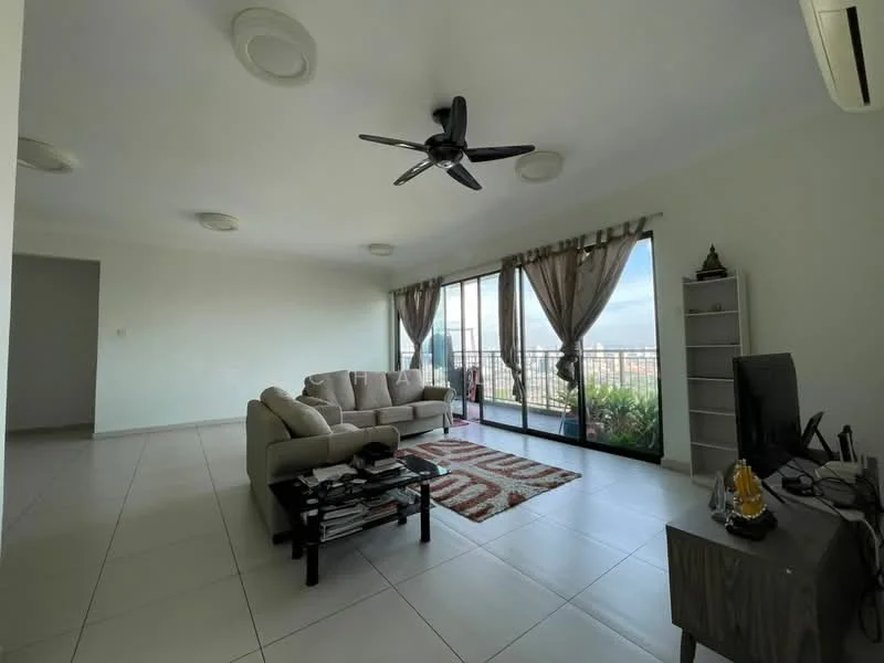 Living features: 3-seater fabric sofa in beige, coffee table, area rug with geometric pattern, wall-mounted TV, TV console, floor-to-ceiling windows, sheer curtains, ceiling fan with light, white painted walls, tile flooring, potted plants, decorative shelving unit; style: modern; view: city.