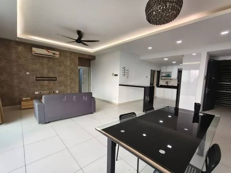 Living features: grey fabric sofa, black glass dining table, black dining chairs, recessed ceiling lights, ceiling fan, exposed brick accent wall, white painted walls, tile flooring, air conditioning unit, wall-mounted TV console; style: modern.