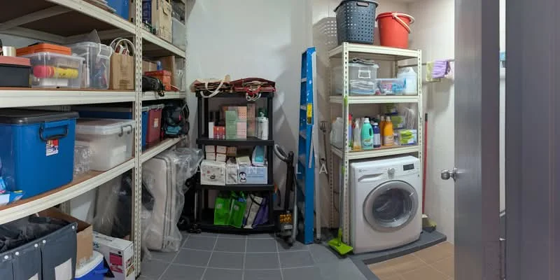 Laundry features: front-load washing machine, shelving units, plastic storage bins, cleaning supplies, various containers, grey tiled flooring, utility cart, broom, mop, vacuum cleaner.