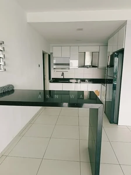 Kitchen features: black granite countertop, white cabinetry with flat-panel doors, stainless-steel sink, chrome pull-down faucet, built-in oven, 4-burner gas hob, stainless-steel refrigerator, white tiled backsplash, ceramic tile flooring, open layout, wall-mounted cabinets, kitchen island with seating area; style: modern.