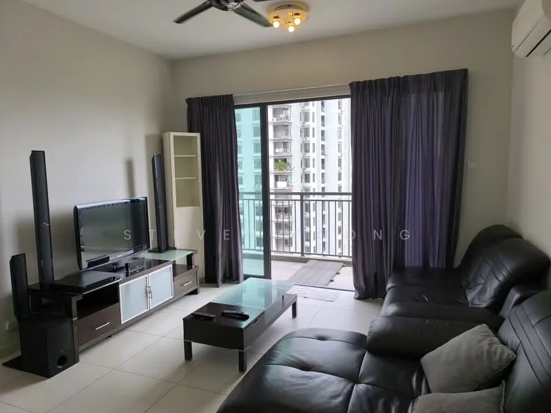 Living features: black leather sectional sofa, glass coffee table, TV console with storage, wall-mounted TV, floor-to-ceiling windows, sliding glass door, sheer curtains, dark curtains, ceiling fan with light, white painted walls, tile flooring, decorative wall art; style: modern; view: city.