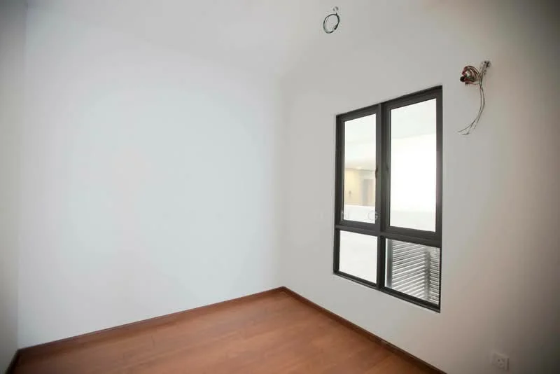 Room features: white painted walls, wooden flooring, floor-to-ceiling windows, window with black frame, visible electrical wiring.