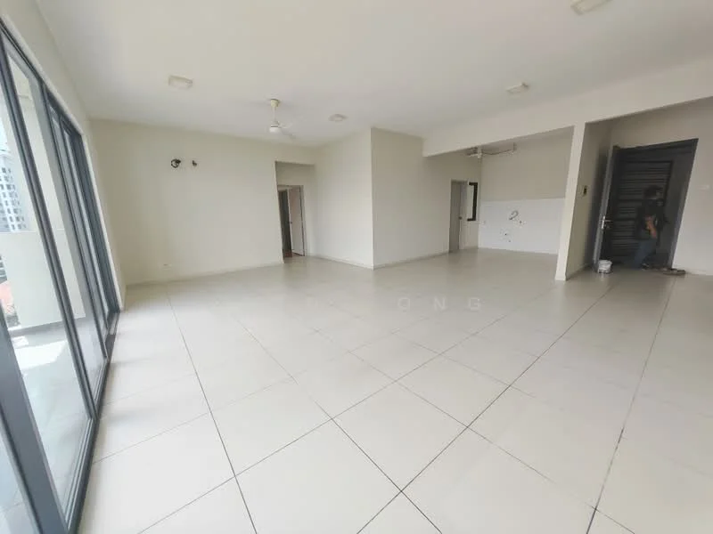Room features: white painted walls, tile flooring, ceiling lights, 5-blade ceiling fan, large windows, sliding glass door, open layout, neutral color scheme; style: modern; view: city.