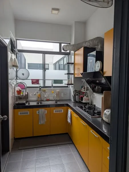 Kitchen features: yellow cabinetry, grey countertop, stainless-steel sink, chrome pull-down faucet, built-in oven, 4-burner gas hob, exhaust hood, ceramic tile flooring, wall-mounted shelves, window with view to outdoor space, kitchen appliances, light fixture on ceiling; style: modern.
