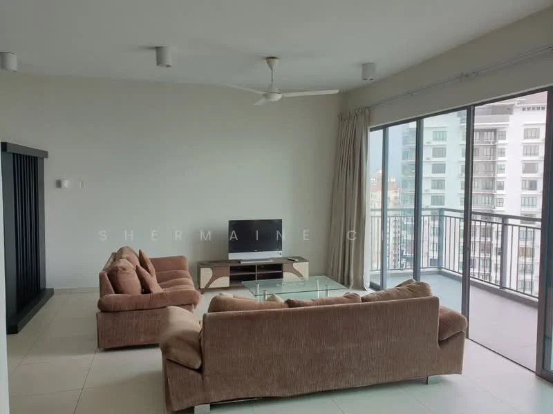 Living features: 2-seater fabric sofa in beige, 3-seater fabric sofa in beige, glass coffee table, wall-mounted TV, ceiling fan, floor-to-ceiling windows, curtains, neutral painted walls, tile flooring; style: modern; view: city.