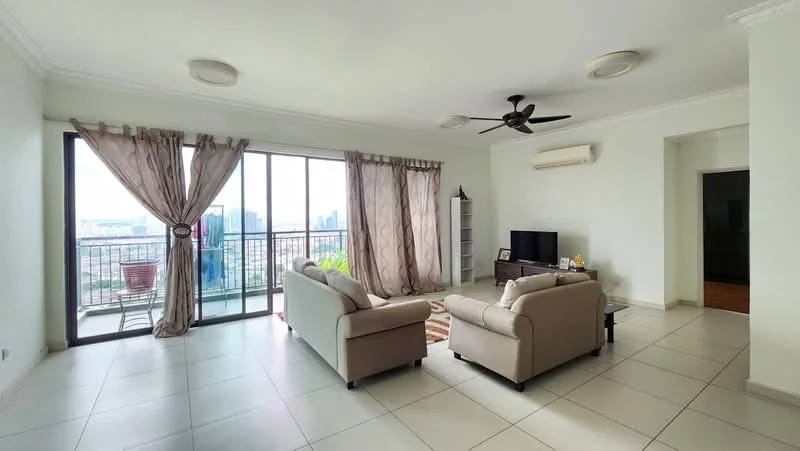 Living features: 2-seater fabric sofa in light grey, 3-seater fabric sofa in light grey, coffee table, TV console, wall-mounted TV, floor-to-ceiling windows, sheer curtains, ceiling fan with light, recessed downlights, cream painted walls, tile flooring, decorative area rug with geometric pattern, open shelving unit, balcony view; style: modern; view: city.