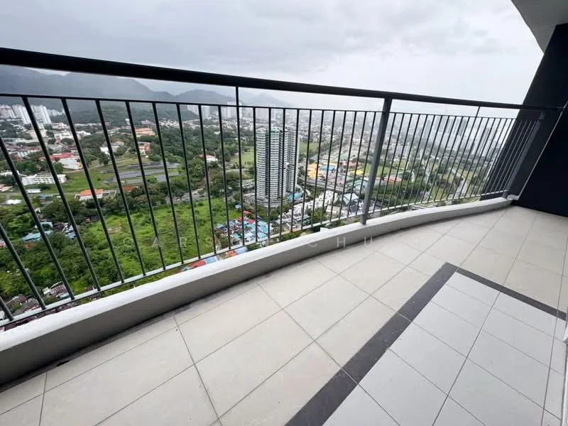 Room features: balcony, metal railing, ceramic tile flooring, city view, mountain view, grey cloudy sky; style: modern; view: city.