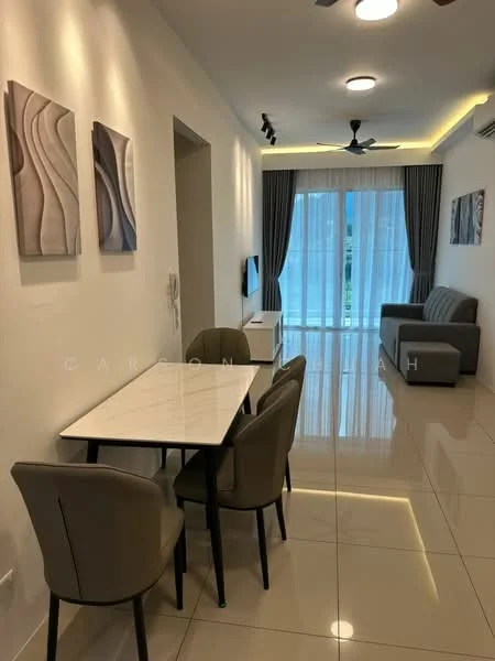 Living features: white painted walls, glossy tile flooring, 5-blade ceiling fan with light, sofa in grey fabric, coffee table with marble top, TV console, wall-mounted TV, floor-to-ceiling windows with sheer curtains, dining table with white marble top, 4 upholstered dining chairs, decorative wall art, recessed LED downlights; style: modern; view: garden.
