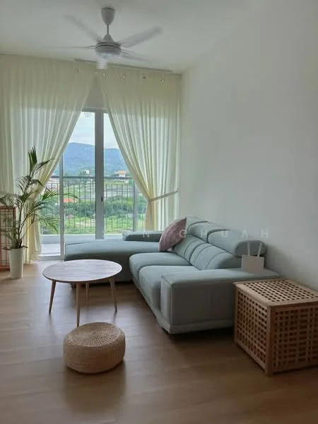 Living features: light grey fabric sectional sofa, round wooden coffee table, woven ottoman, floor-to-ceiling windows, sheer yellow curtains, wooden flooring, indoor plant in white pot, mountain view; style: modern; view: mountain.